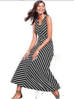 Talbots Black White Chevron Stripe Maxi Dress Sleeveless Size Medium